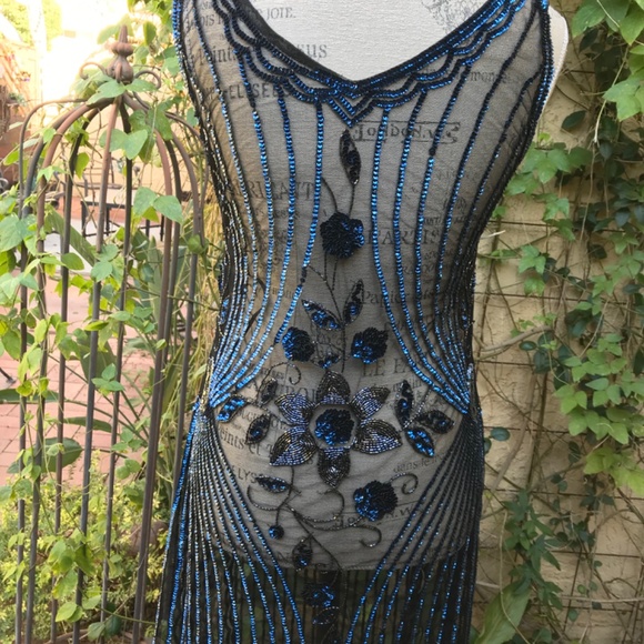 🎉HP🎉 European Flapper Dress 20’s Gatsby Mesh Sequins Sapphire Onyx Color… - Picture 8 of 12